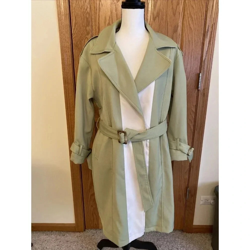 FXQ Magpie Women's Green Belted Trench Coat Jacket size M
